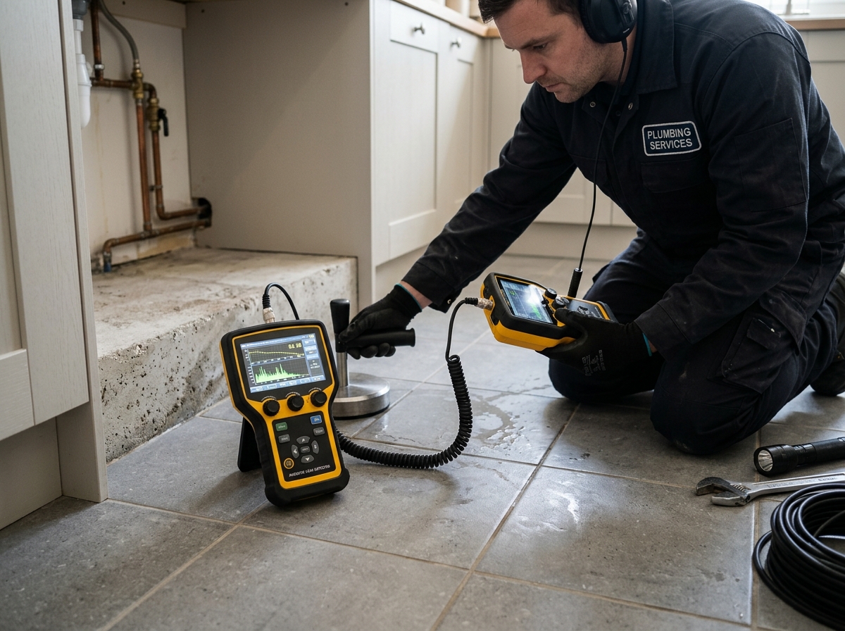 Technician preparing electronic slab leak detection equipment